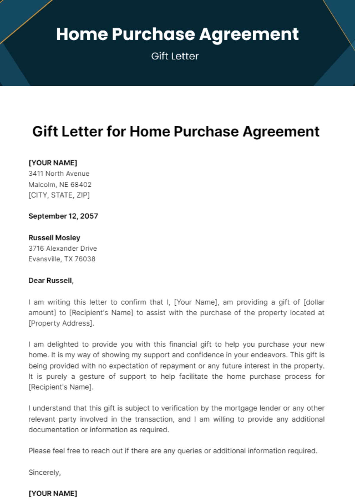 Gift Letter for Home Purchase Agreement Template - Edit Online & Download