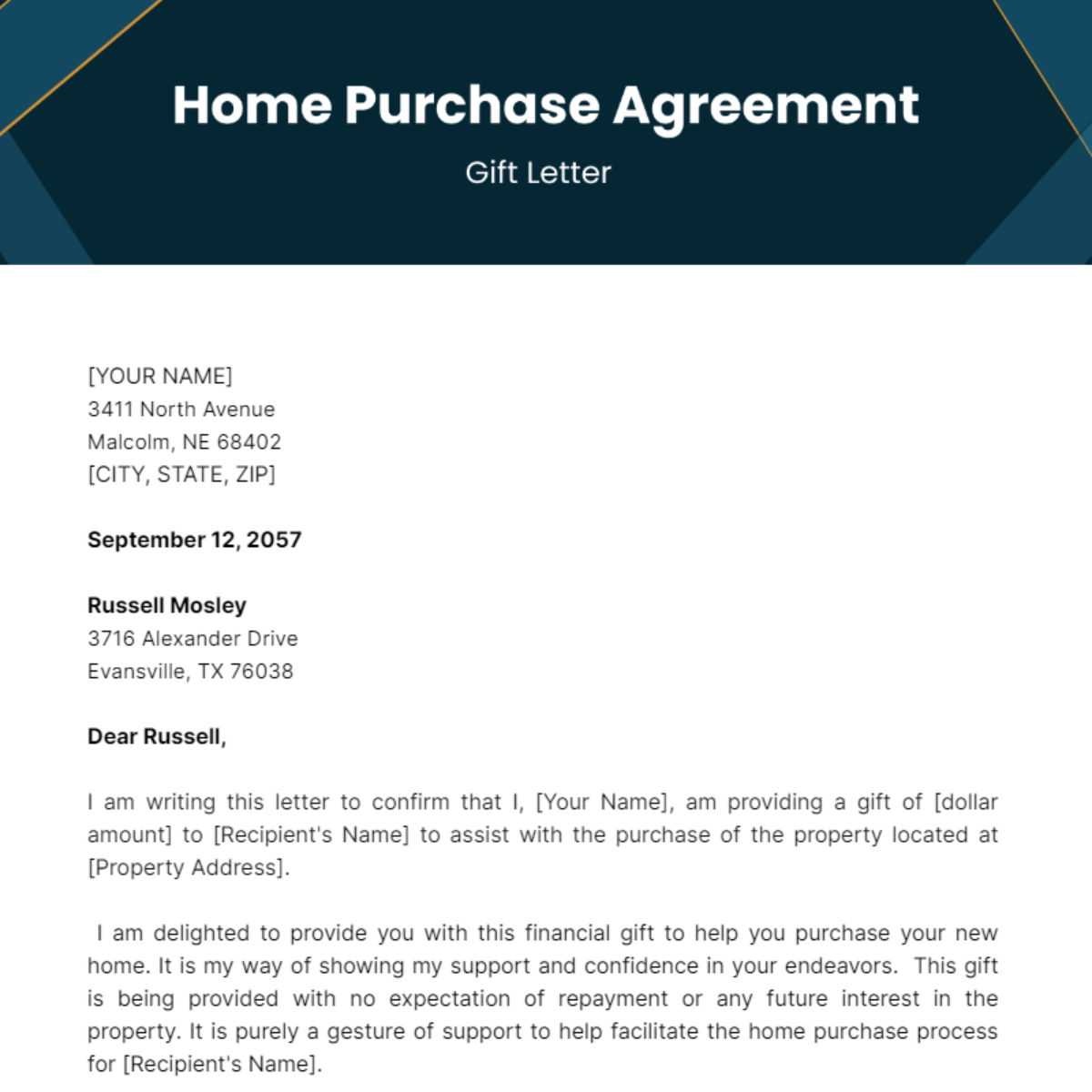 Gift Letter for Home Purchase Agreement Template - Edit Online & Download