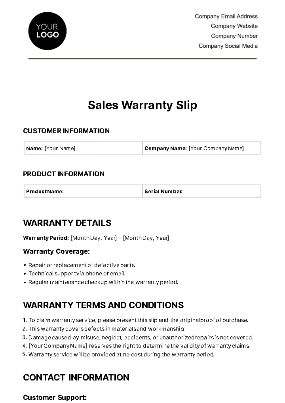 Sales Warranty Slip Template