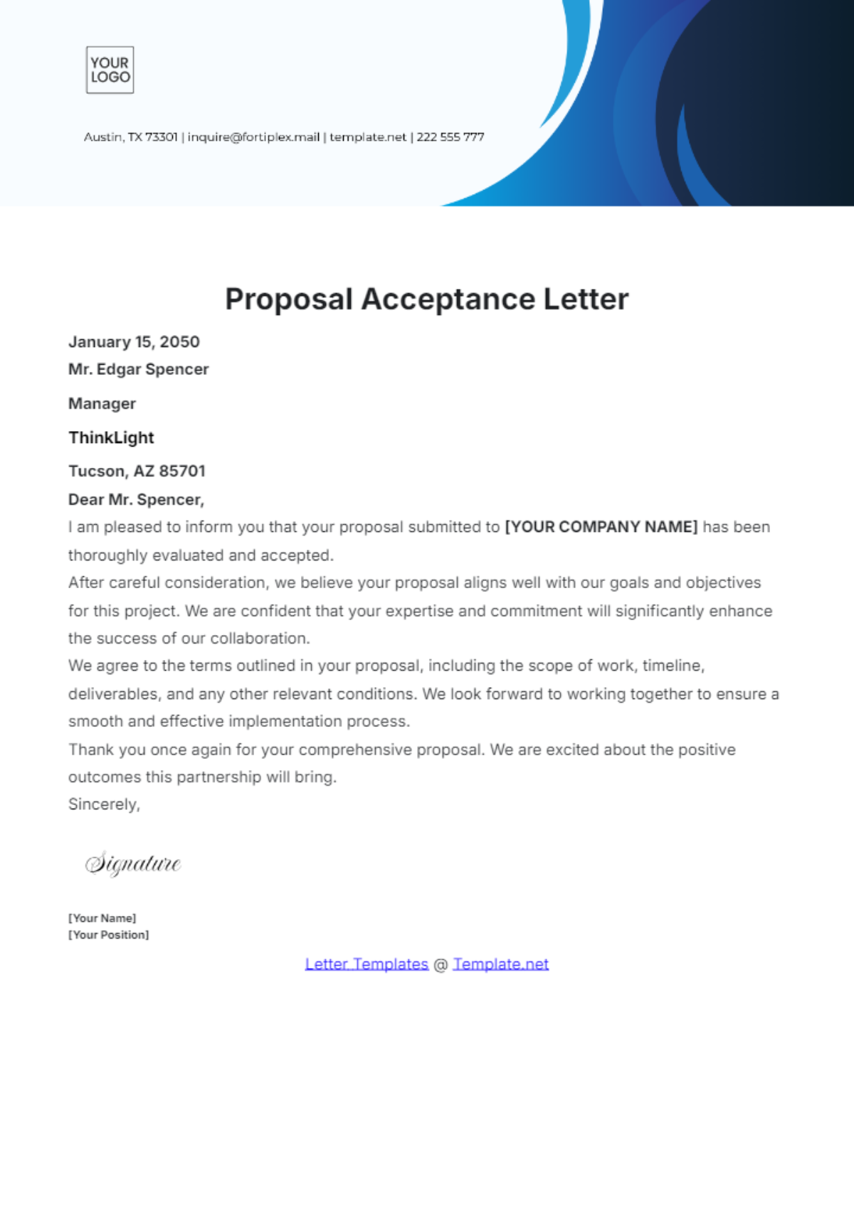 Proposal Acceptance Letter Template - Edit Online & Download