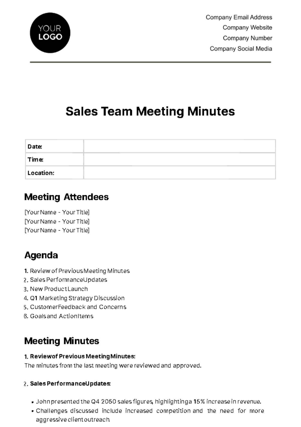 Sales Team Meeting Minute Template