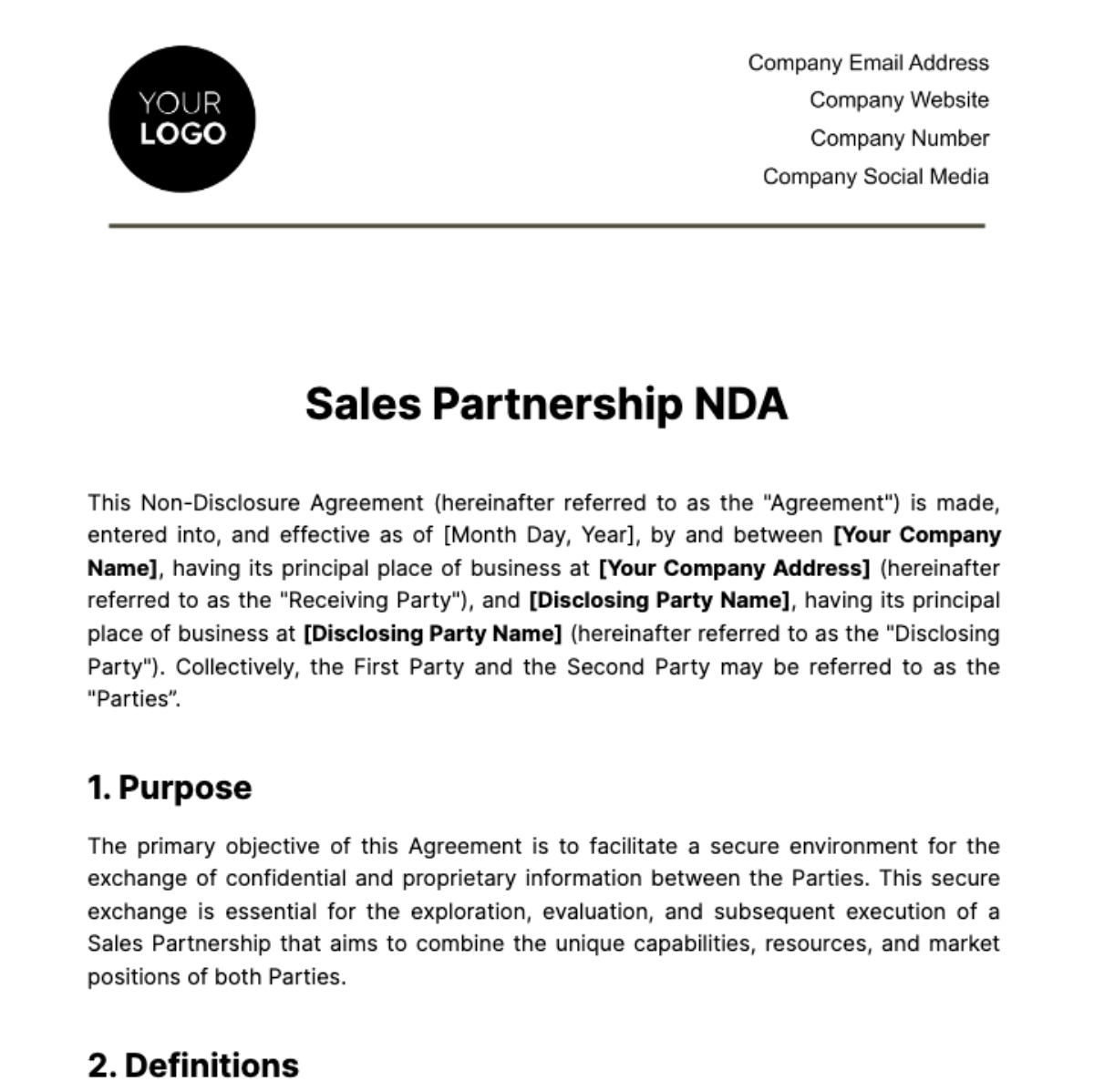 Sales Partnership NDA Template - Edit Online & Download