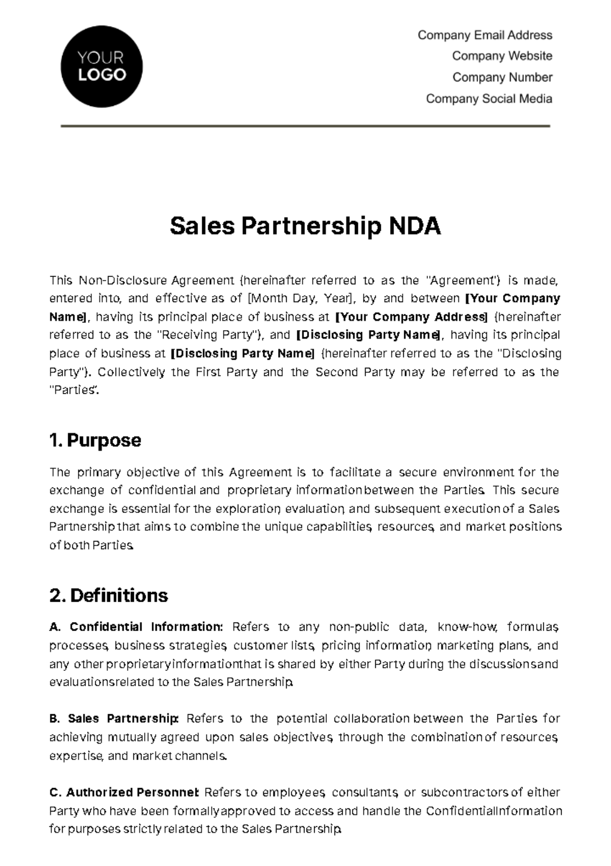 Free Sales Partnership NDA Template