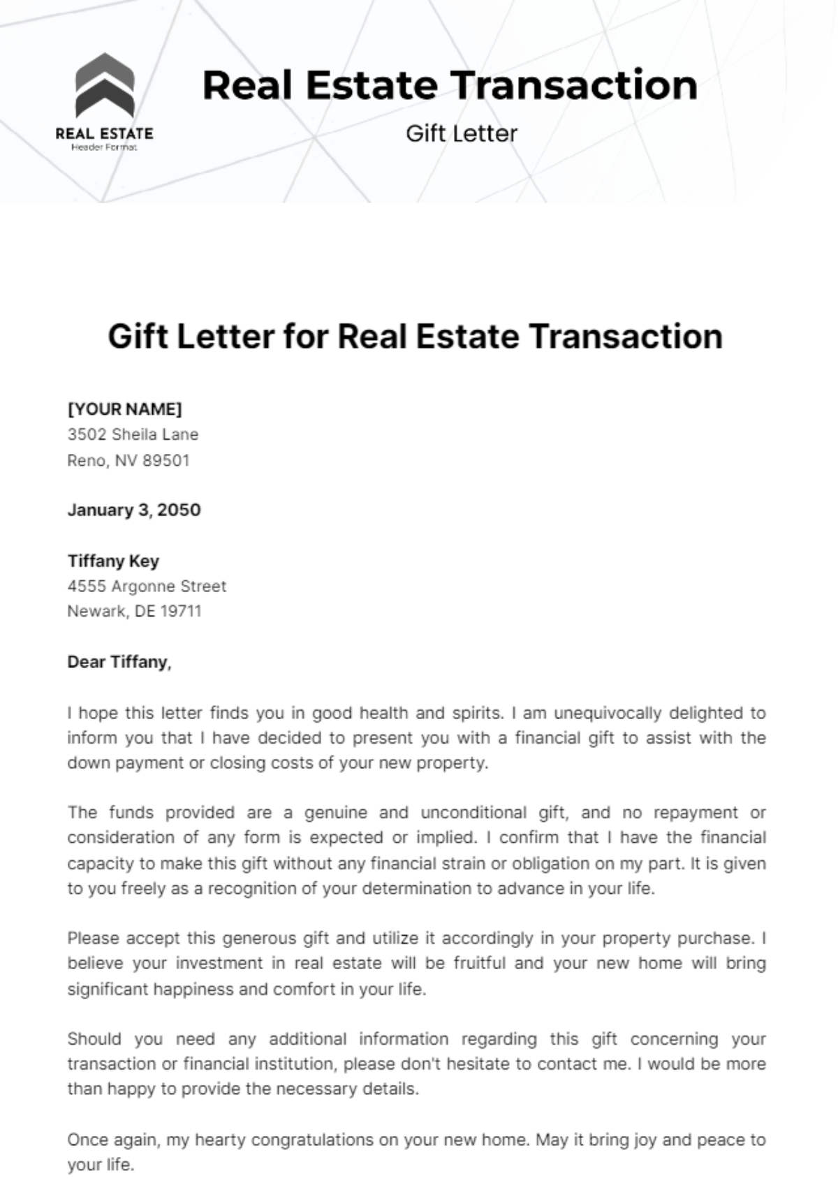 Gift Letter for Real Estate Transaction Template - Edit Online & Download