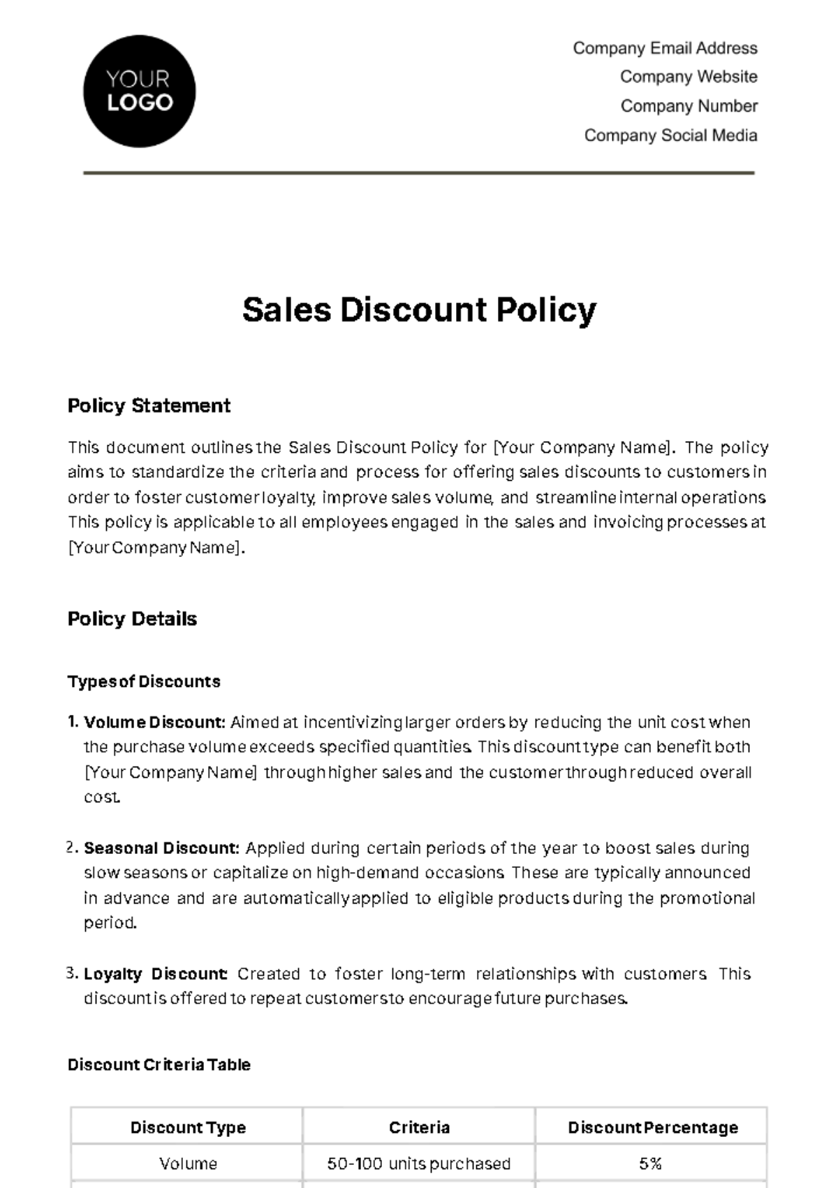Sales Discount Policy Template