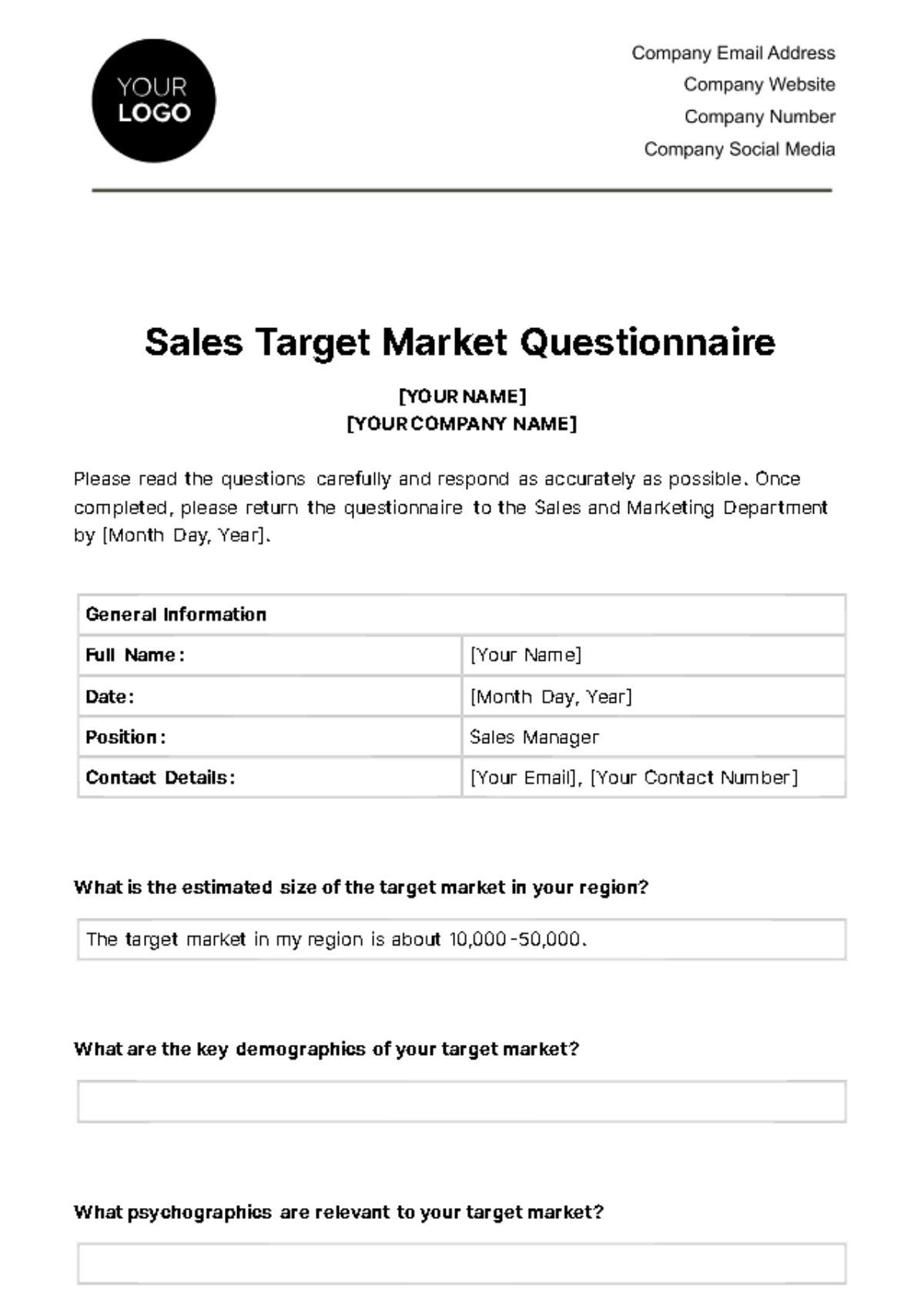 Free Sales Target Market Questionnaire Template