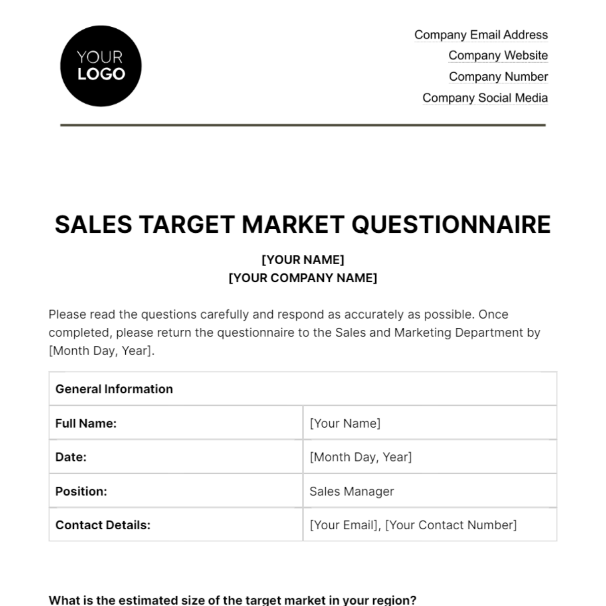 Sales Target Market Questionnaire Template - Edit Online & Download