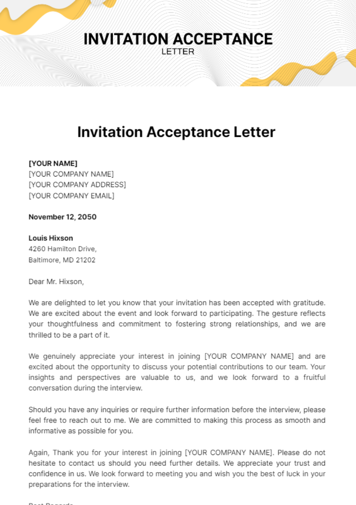 Invitation Acceptance Letter Template