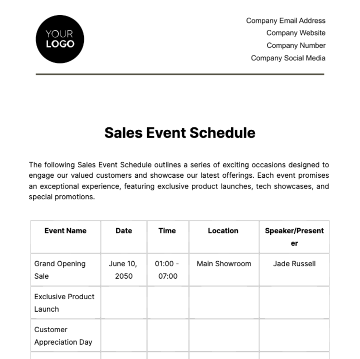 Sales Event Schedule Template - Edit Online & Download