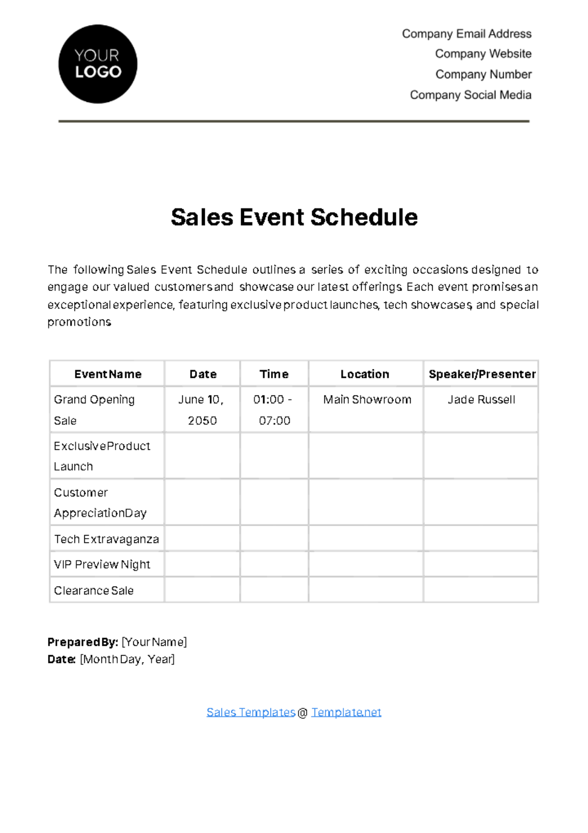 Sales Event Schedule Template