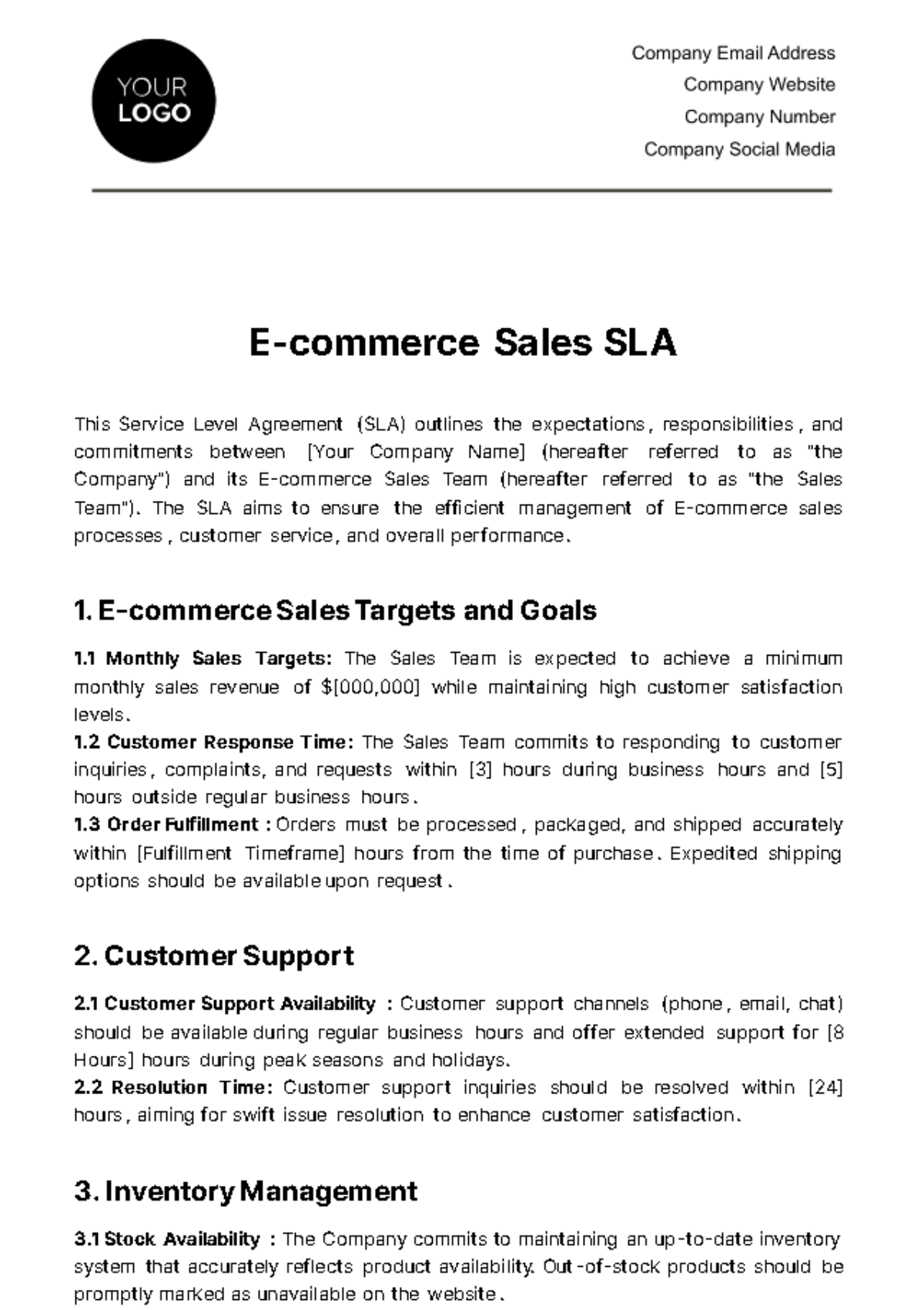 Free E-commerce Sales SLA Template