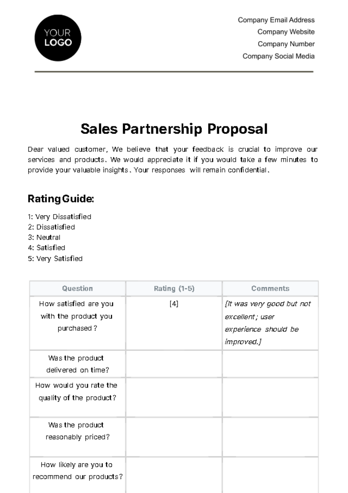 Sales Customer Feedback Questionnaire Template