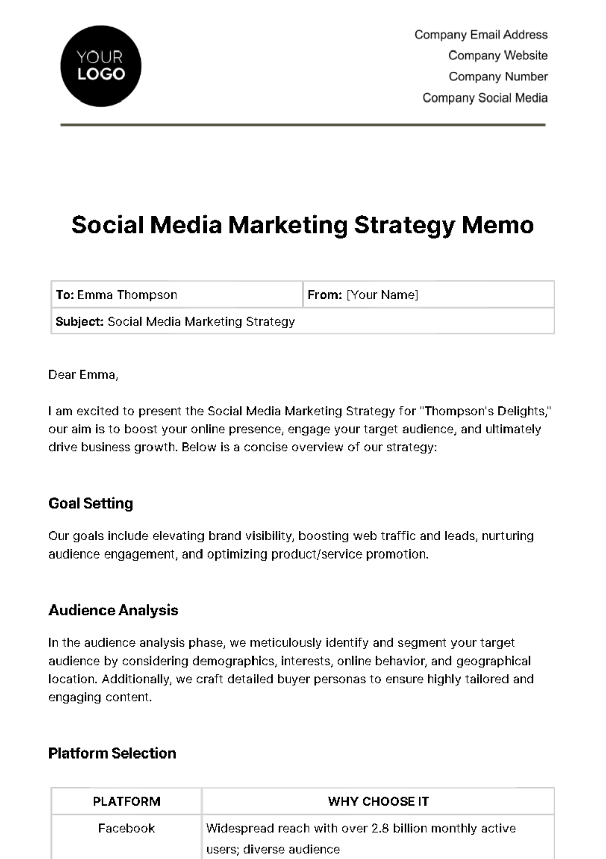 Social Media Marketing Strategy Memo Template