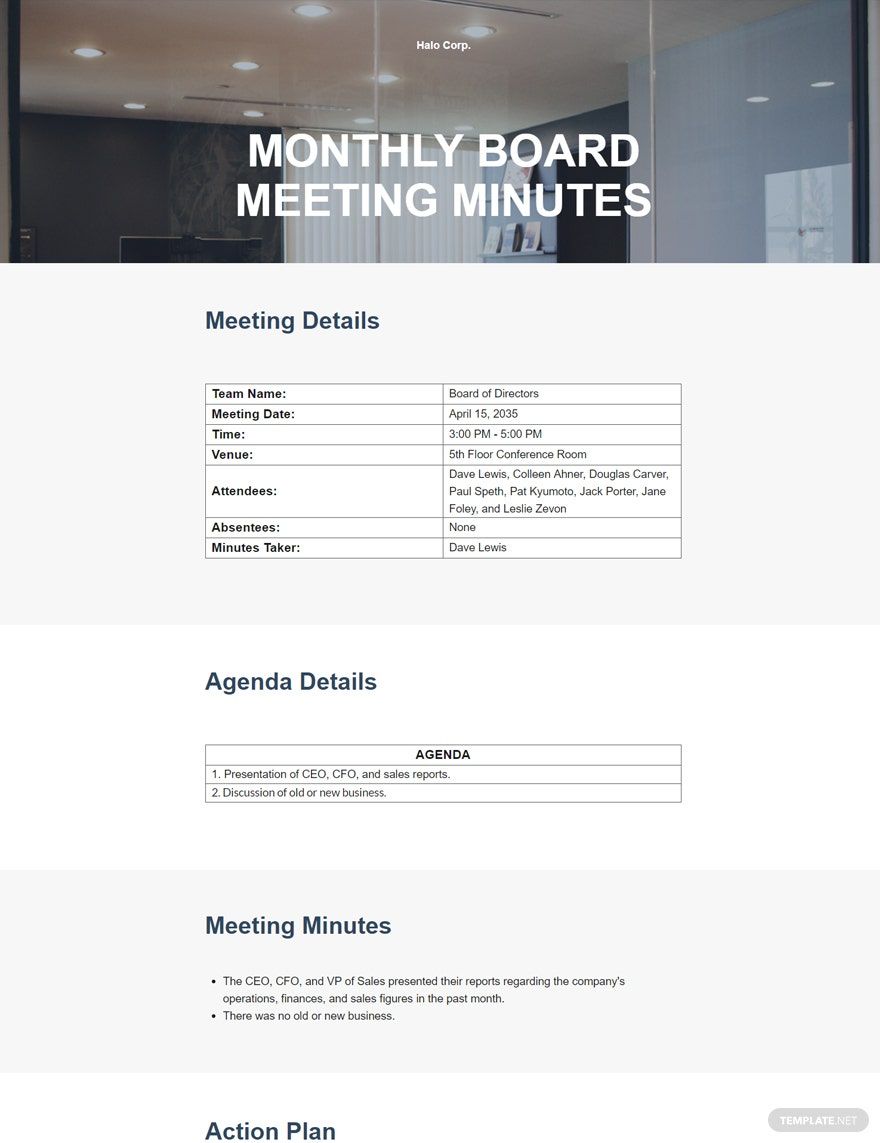 Simple Monthly Board Meeting Minutes Template