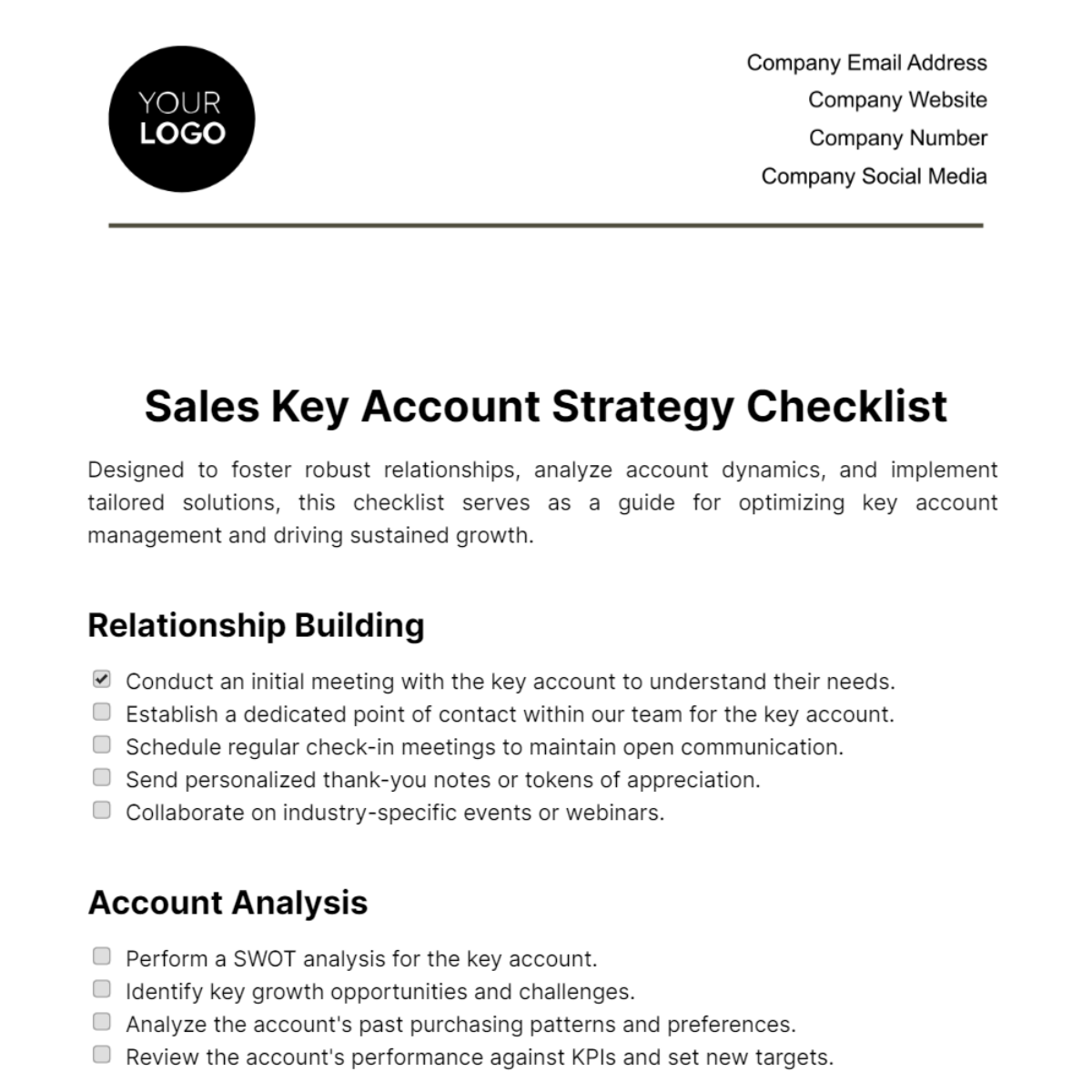 Sales Key Account Strategy Checklist Template - Edit Online & Download