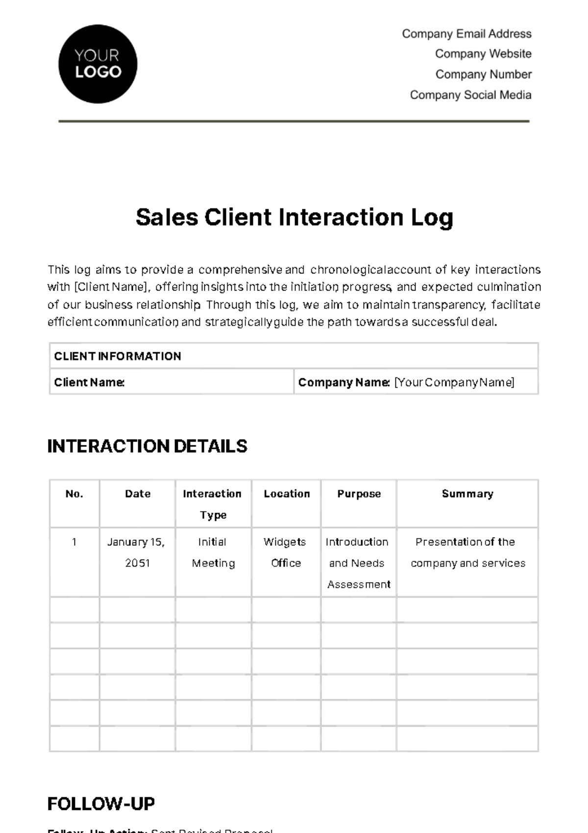 Free Sales Client Interaction Log Template