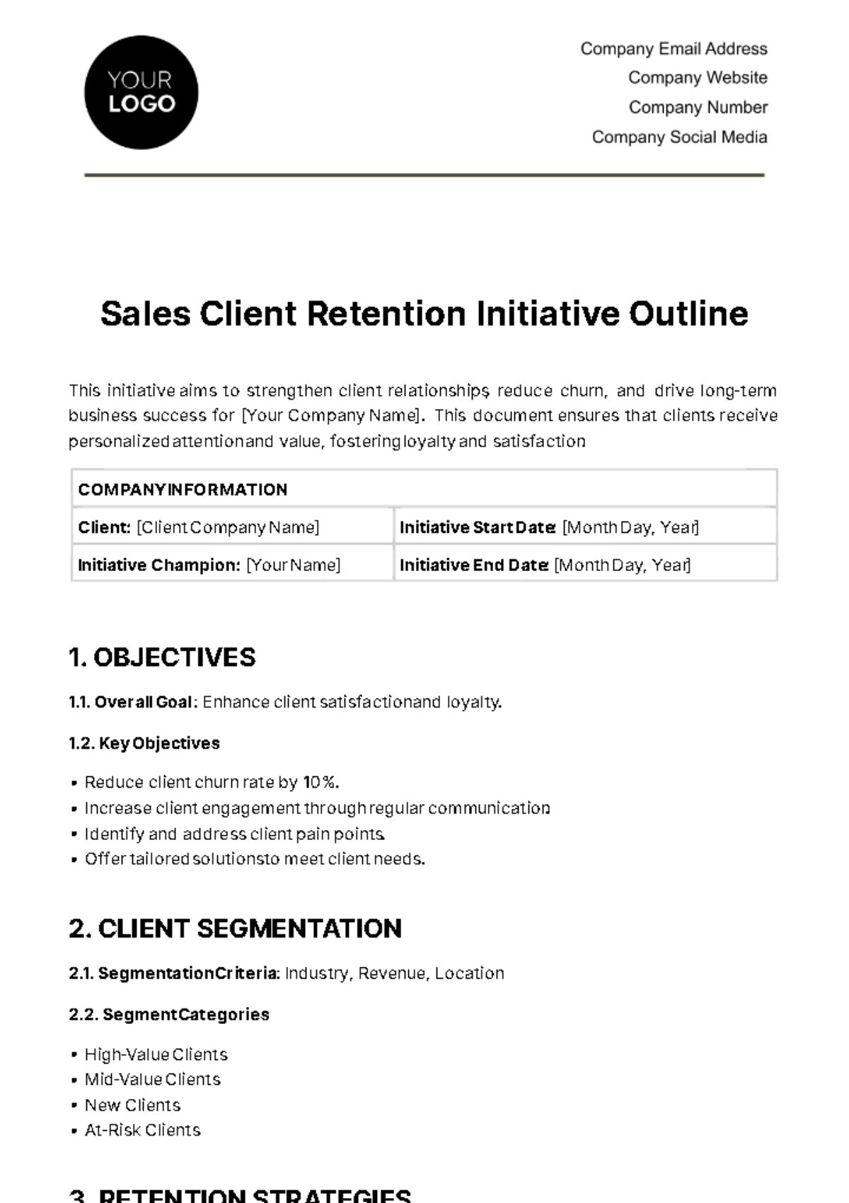 Sales Client Retention Initiative Outline Template