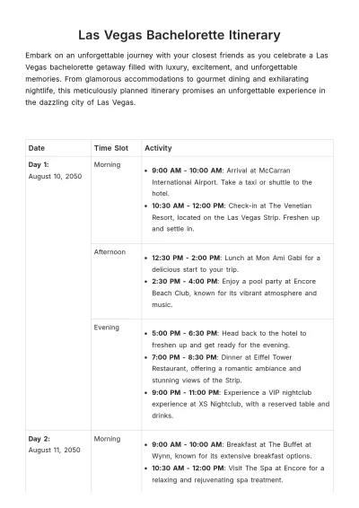 Free Las Vegas Bachelorette Itinerary Template to Edit Online