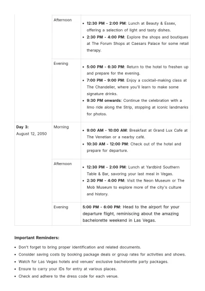 Free Las Vegas Bachelorette Itinerary Template to Edit Online