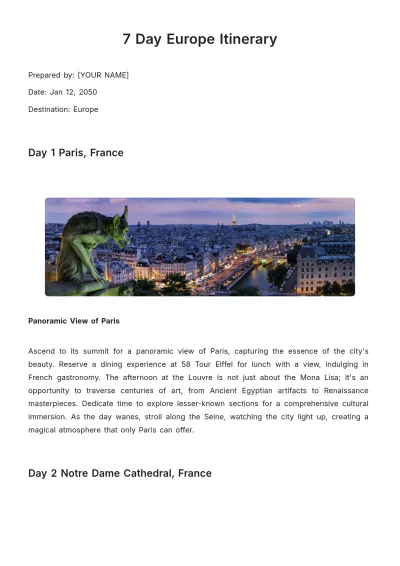 Free 7 Day Europe Trip Itinerary Template to Edit Online