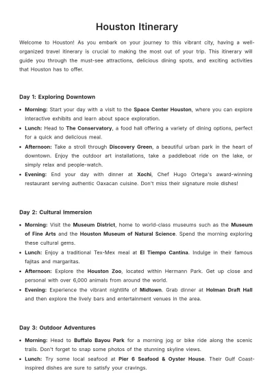 Free Houston Itinerary Template to Edit Online