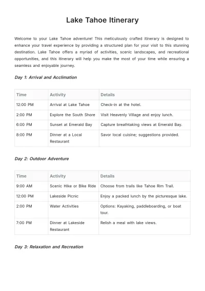 Free Lake Tahoe Itinerary Template to Edit Online