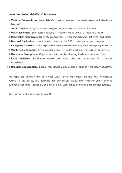 Free Lake Tahoe Itinerary Template to Edit Online