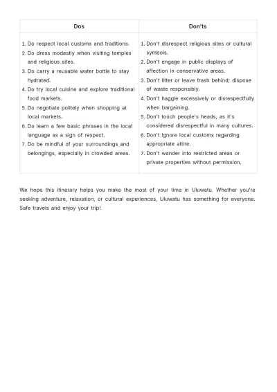 Free Uluwatu Itinerary Template to Edit Online