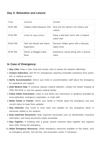 Free Catalina Island Itinerary Template to Edit Online