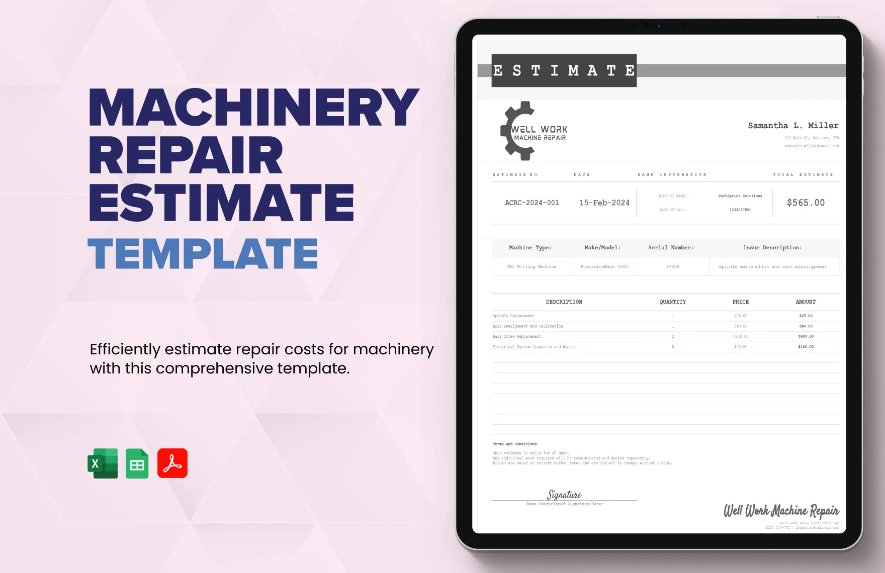 Machinery Repair Estimate Template in Excel, PDF, Google Sheets