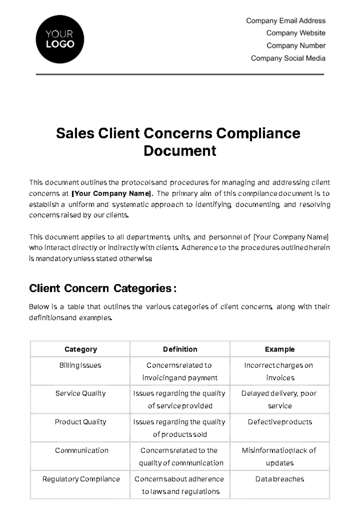 Free Sales Client Concerns Compliance Document Template