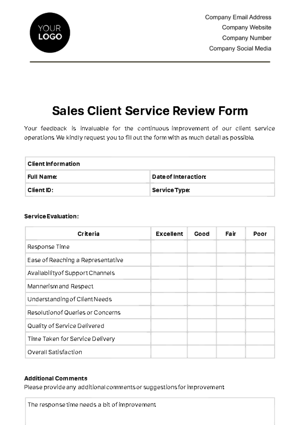 Free Sales Client Service Review Form Template