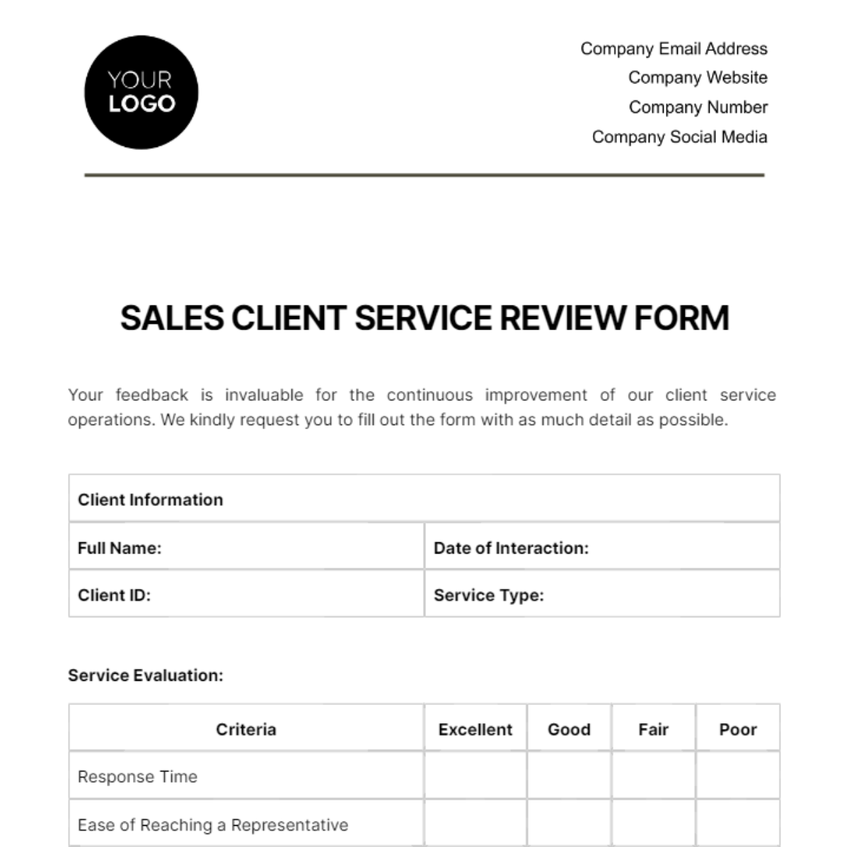 Sales Client Service Review Form Template