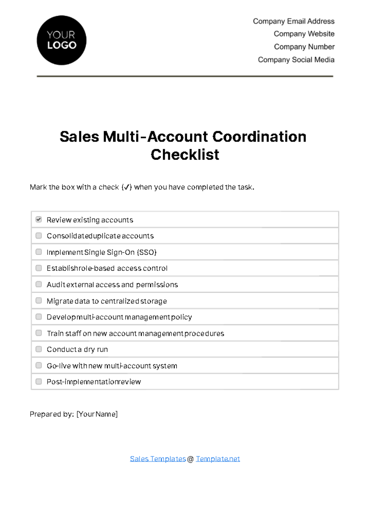 Free Sales Multi-Account Coordination Checklist Template