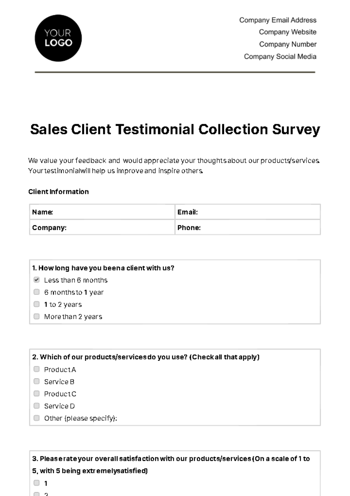 Free Sales Client Testimonial Collection Survey Template