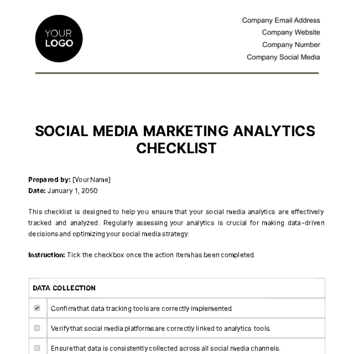 Social Media Marketing Analytics Checklist Template