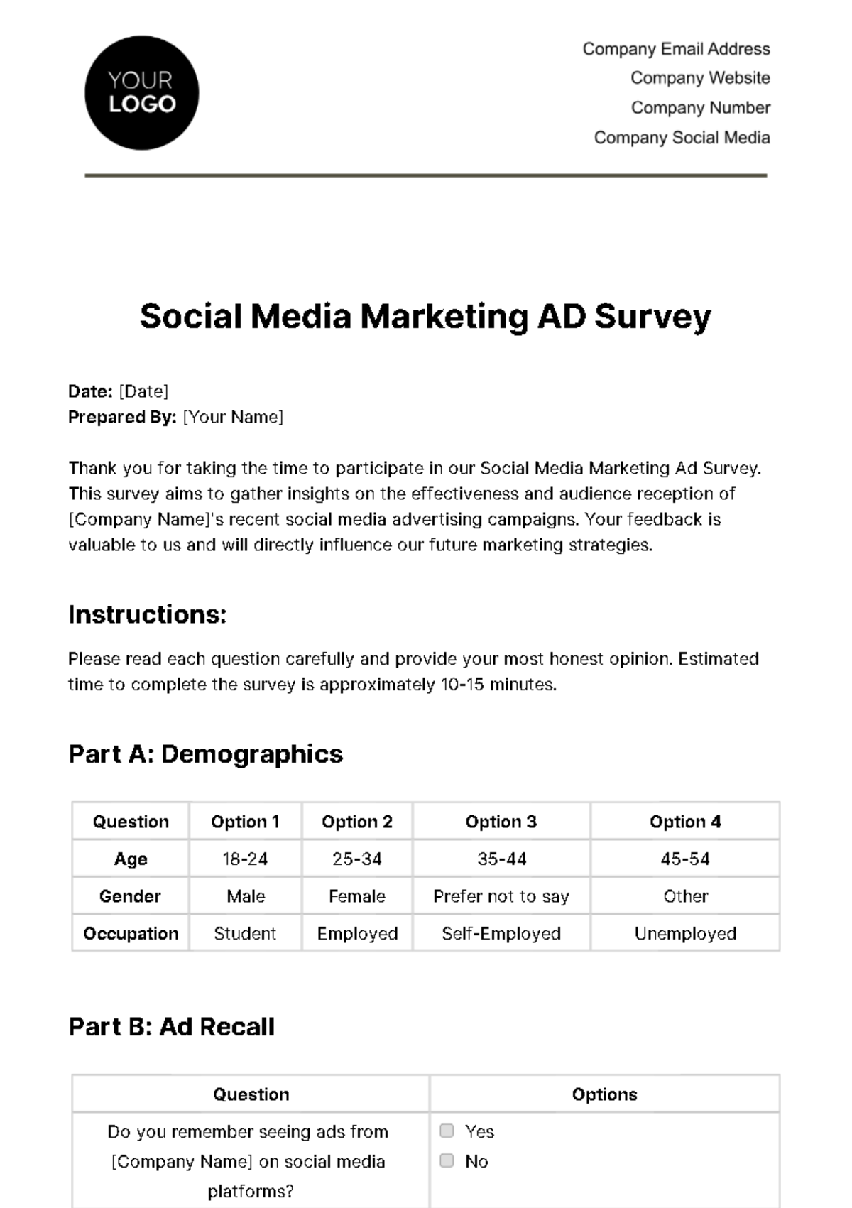 Social Media Marketing Ad Survey Template - Edit Online & Download