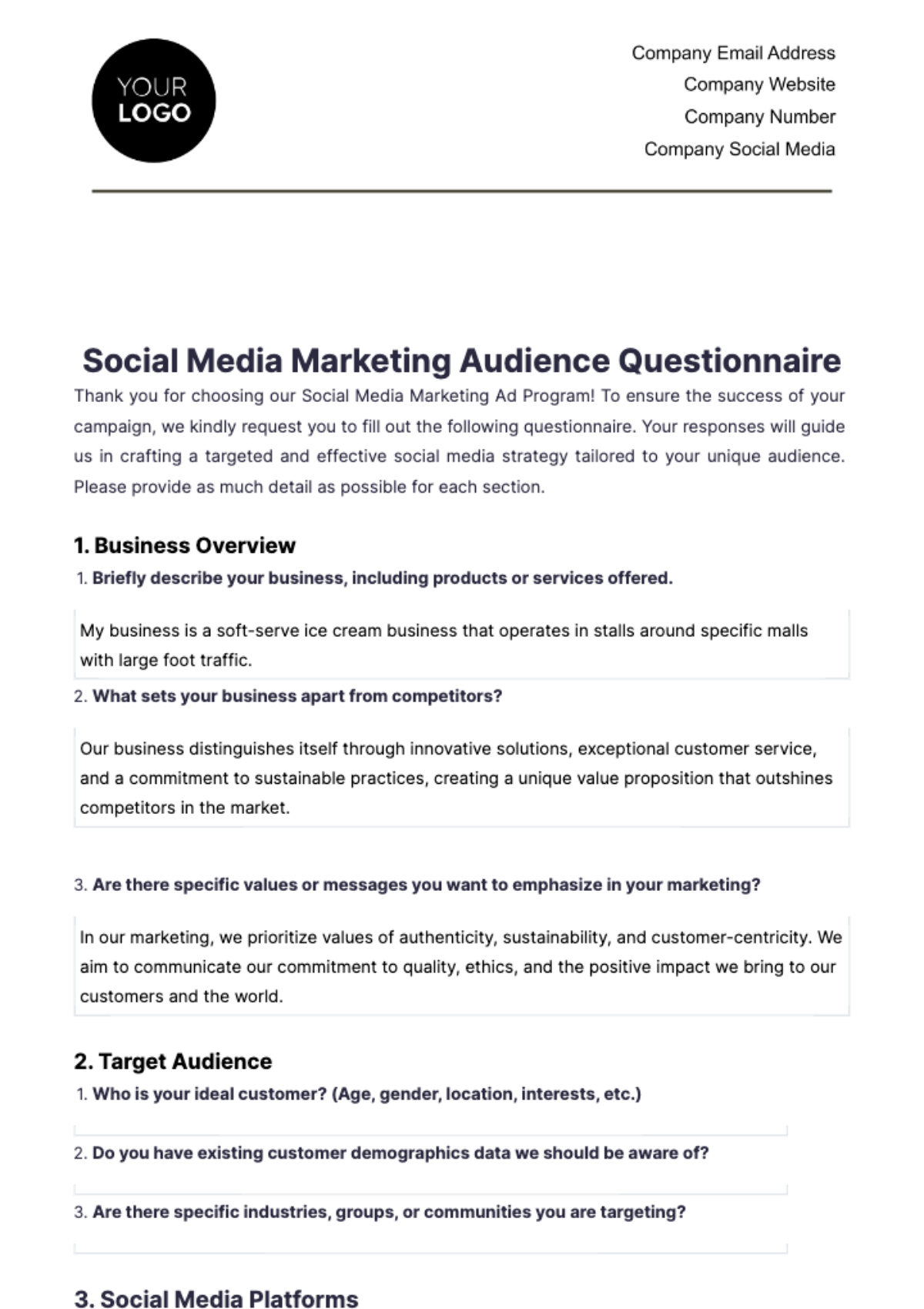 Social Media Marketing Audience Questionnaire Template - Edit Online & Download