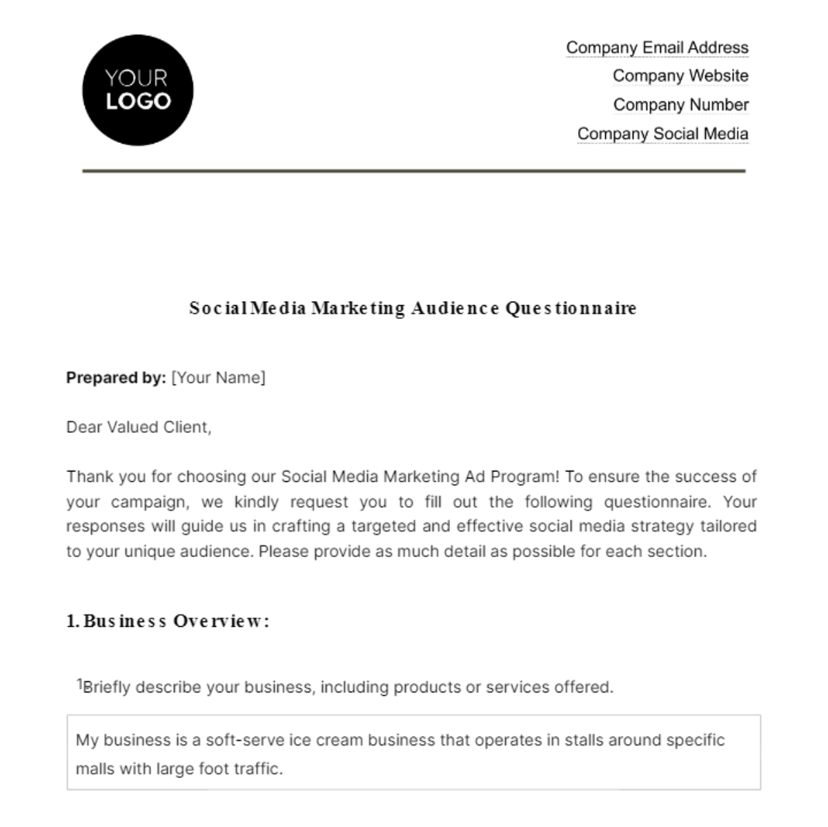 Social Media Marketing Audience Questionnaire Template