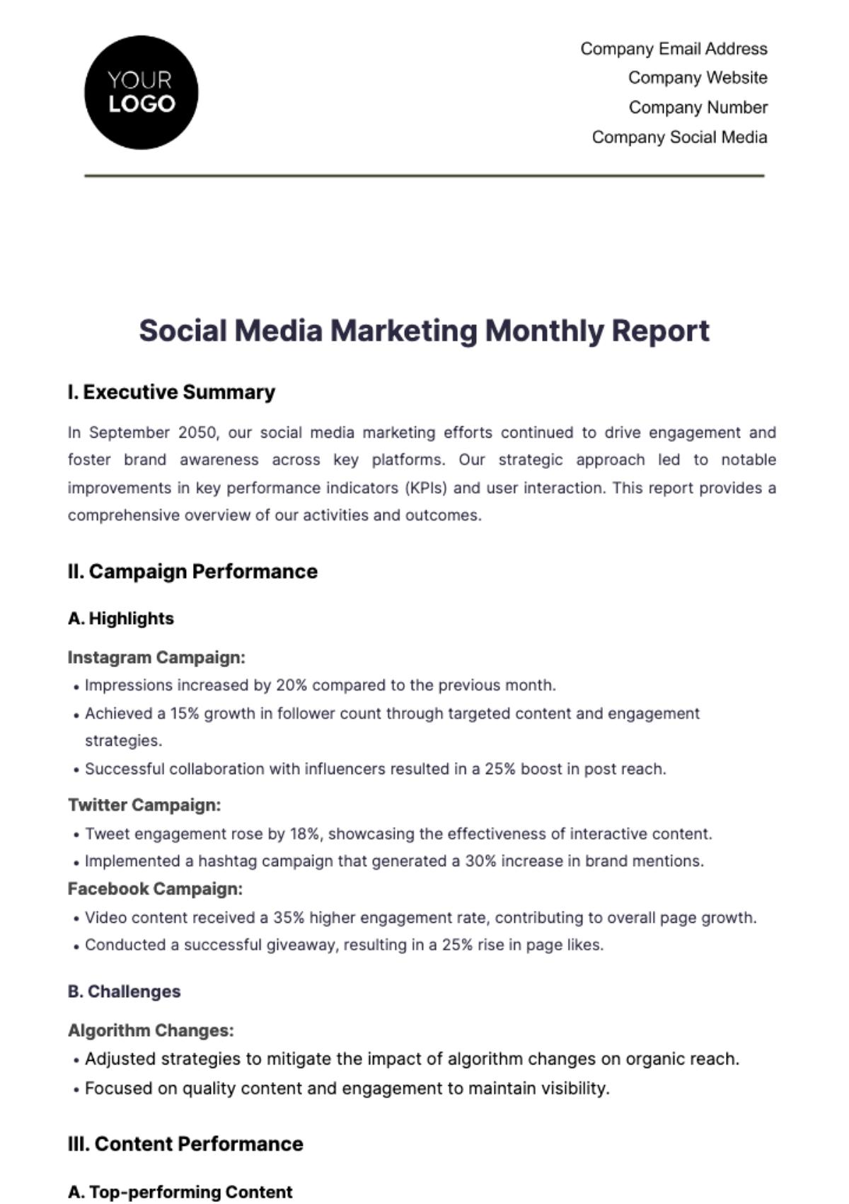 Social Media Marketing Monthly Report Template - Edit Online & Download