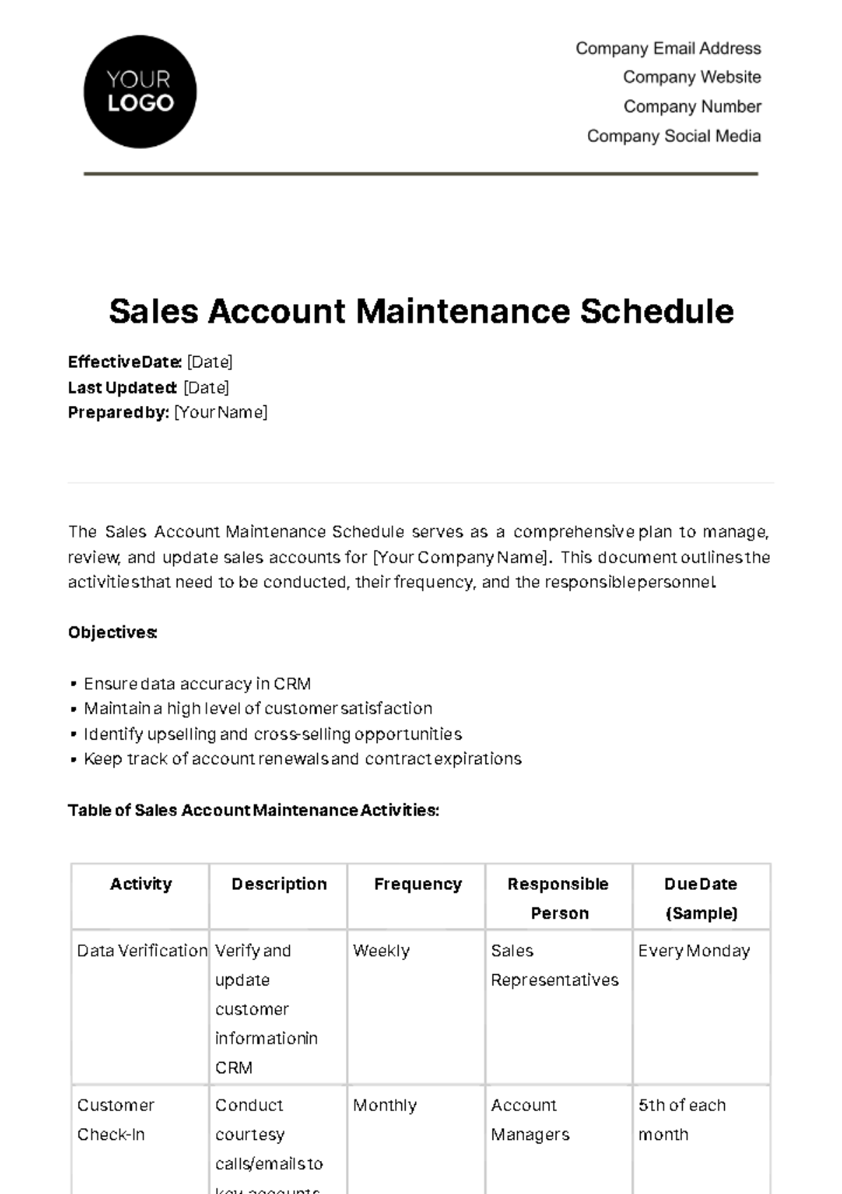 Sales Account Maintenance Schedule Template