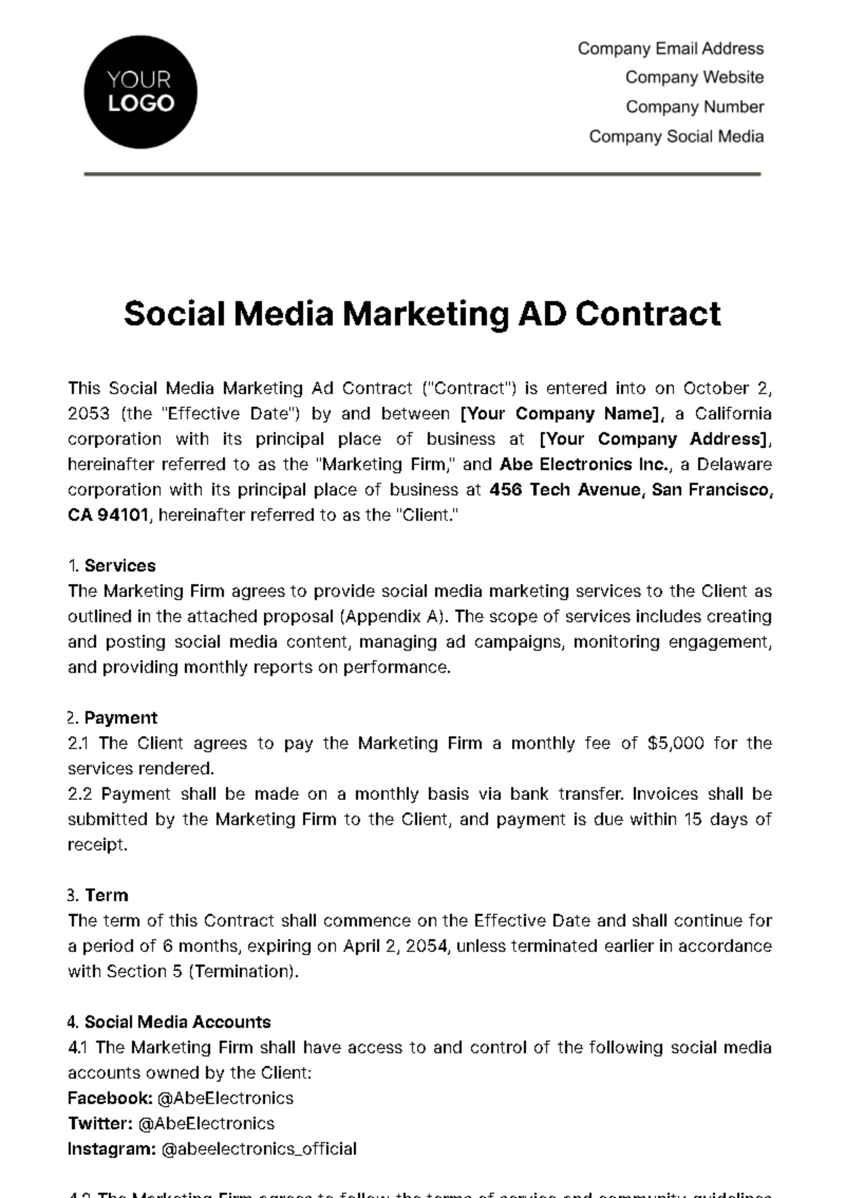 Social Media Marketing Ad Contract Template