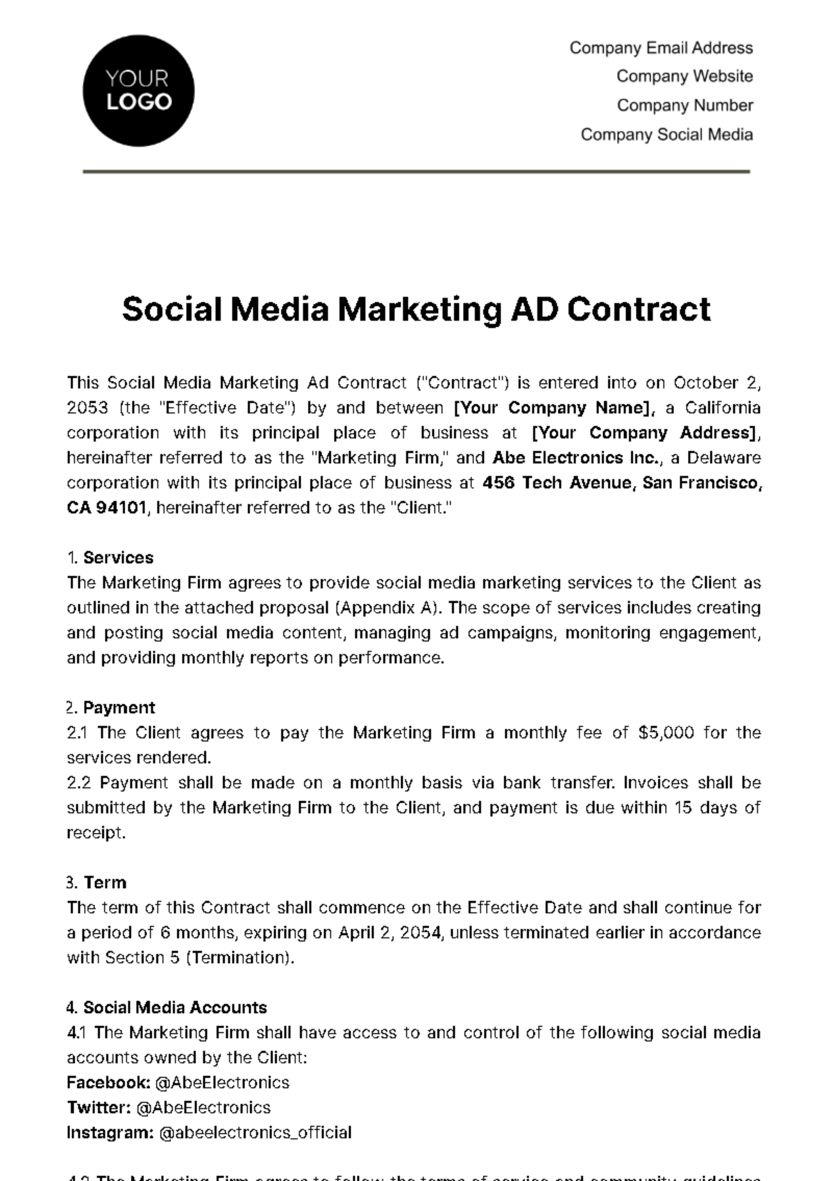 Social Media Marketing Ad Contract Template - Edit Online & Download