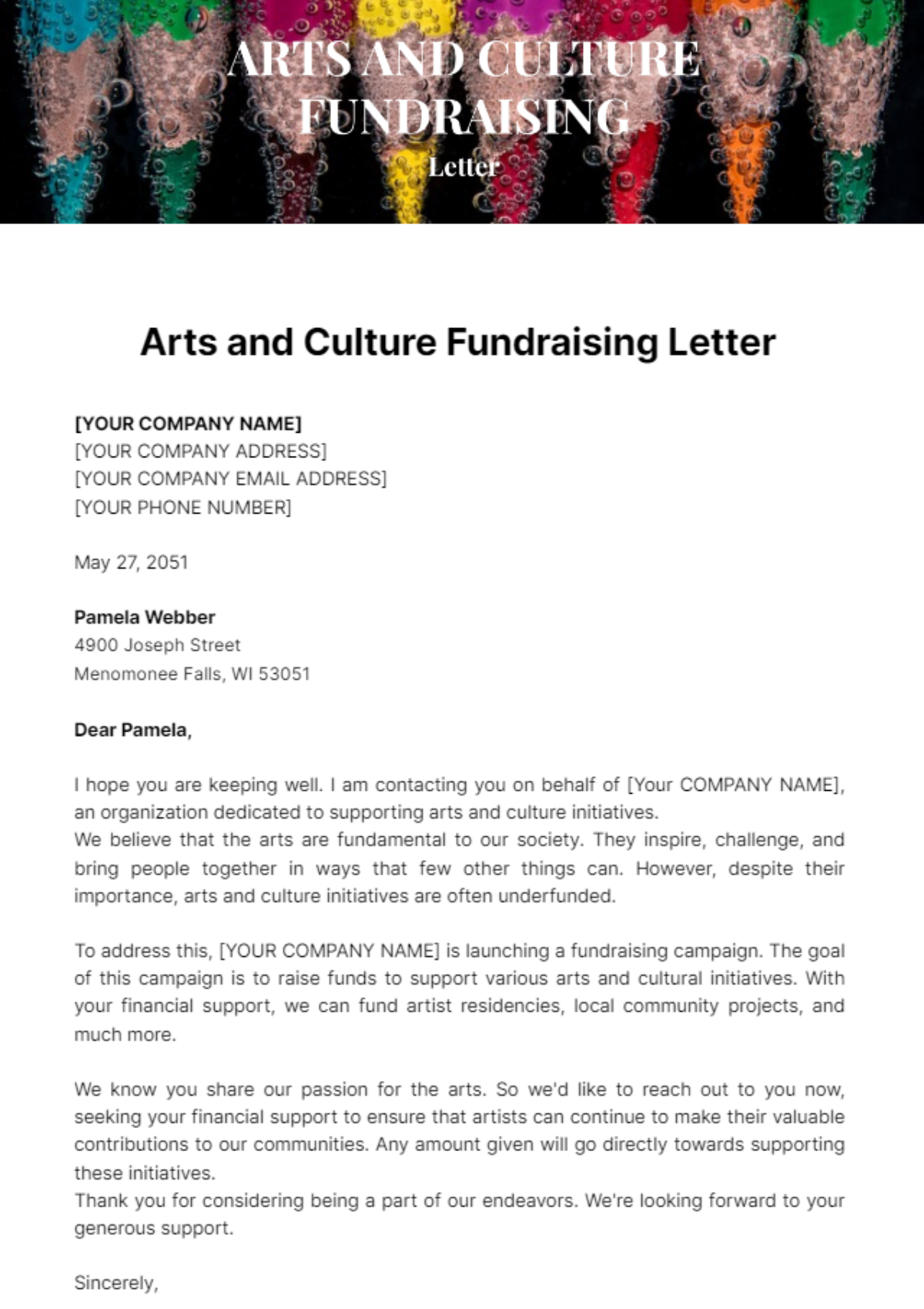 Arts and Culture Fundraising Letter Template - Edit Online & Download