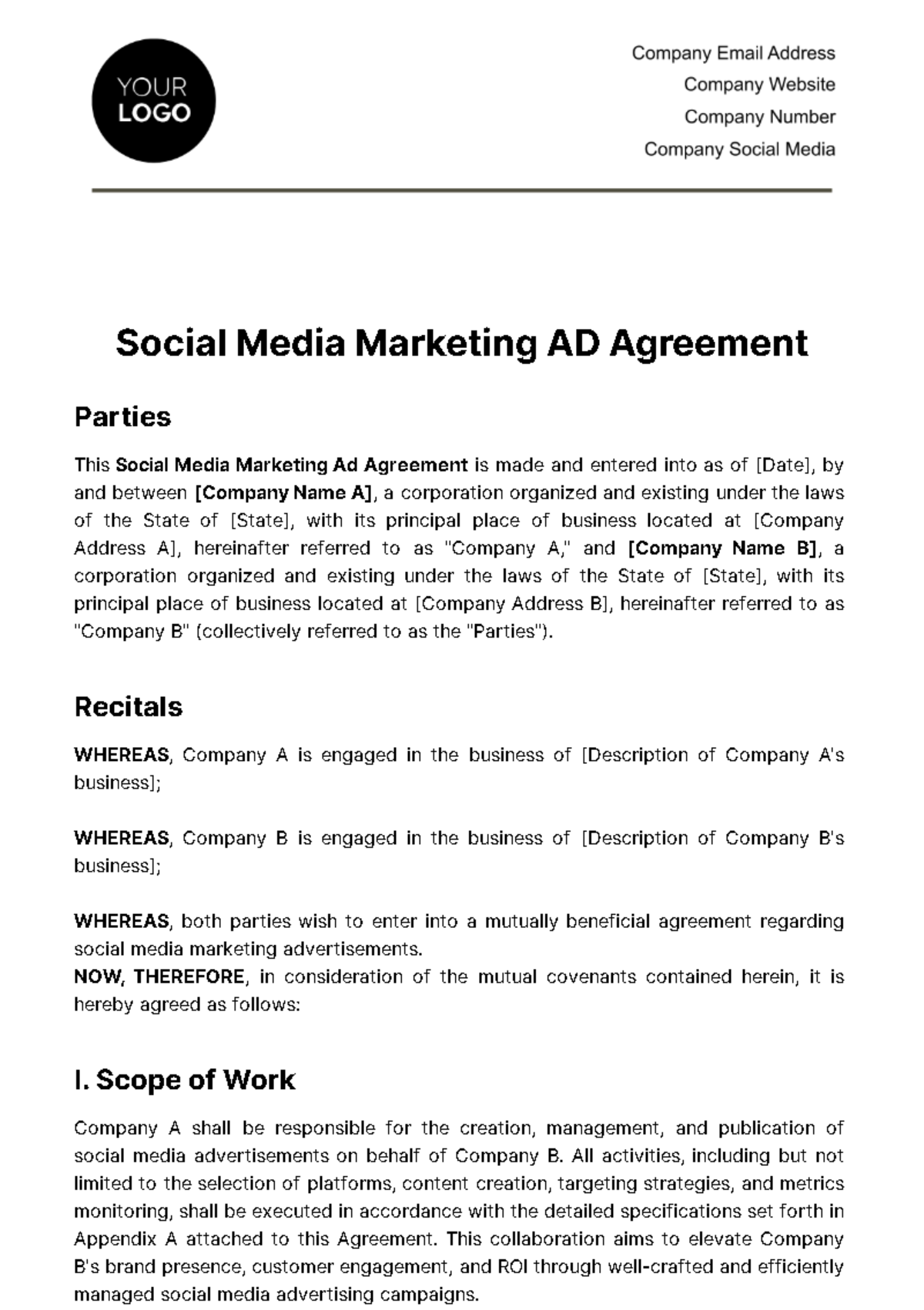 Social Media Marketing Ad Agreement Template