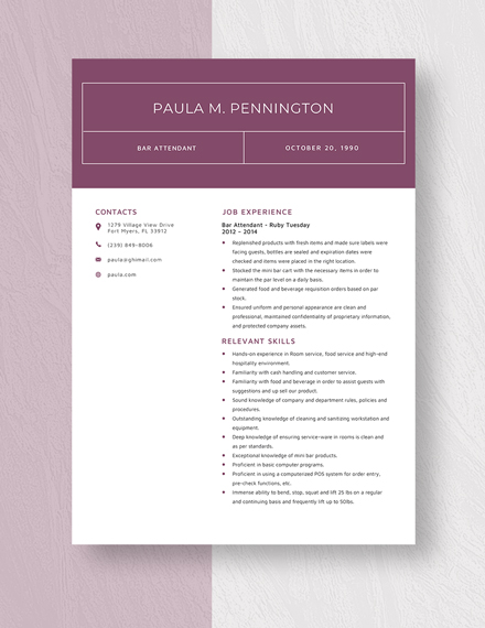 Free Bar Attendant Resume Template - Word, Apple Pages | Template.net