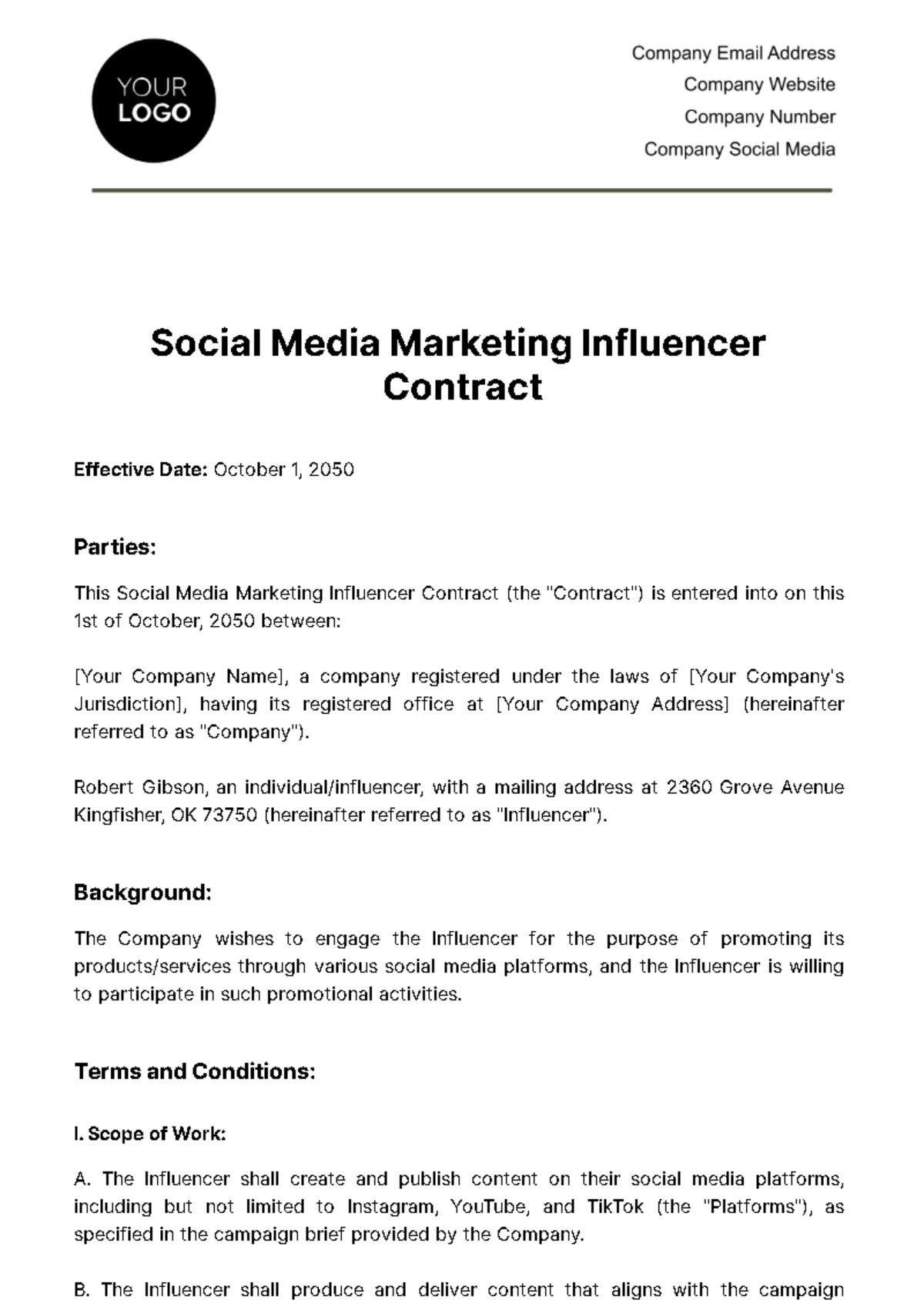 Social Media Marketing Influencer Contract Template