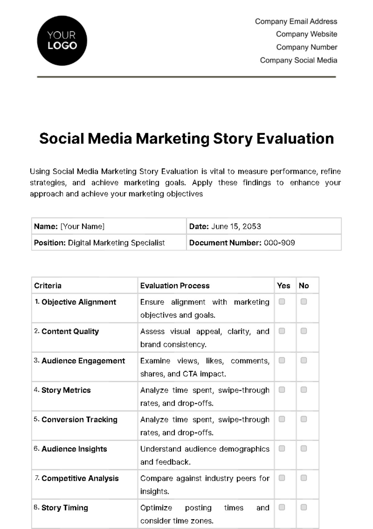 Social Media Marketing Story Evaluation Template