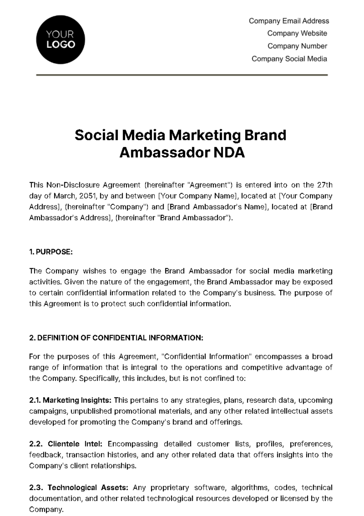 Social Media Marketing Brand Ambassador NDA Template