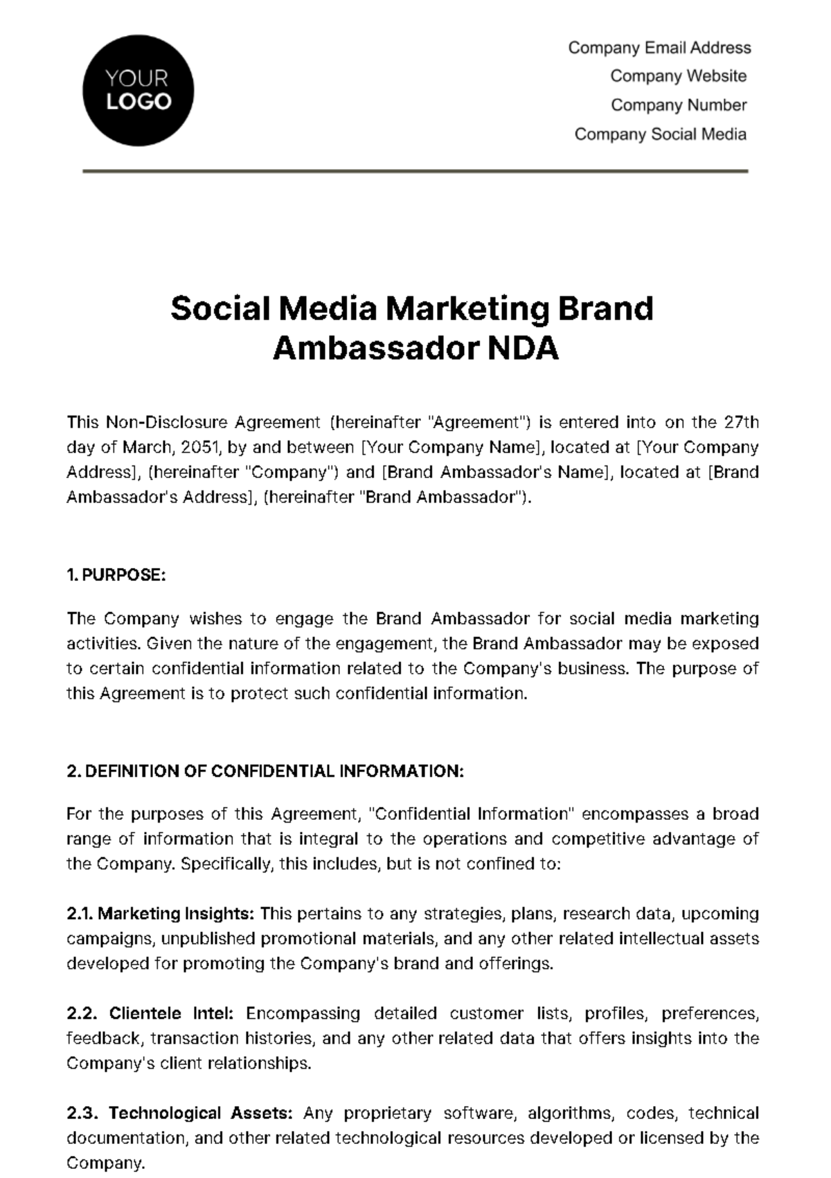 Social Media Marketing Brand Ambassador NDA Template - Edit Online & Download